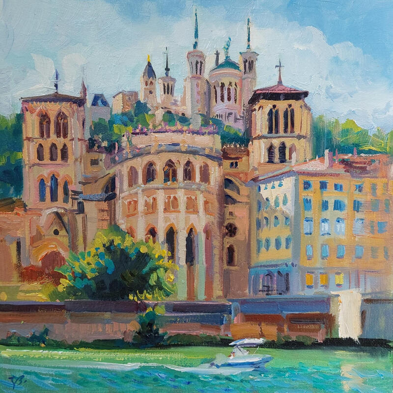 Peinture Between the Rivers and the Sky par Valeeva Katharina | Tableau Impressionnisme Paysages Urbain Architecture Huile