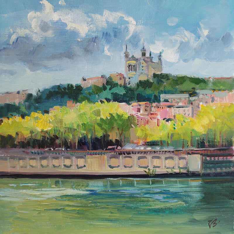 Peinture Golden Riverside of Lyon par Valeeva Katharina  | Tableau Impressionnisme Paysages Urbain Architecture Huile