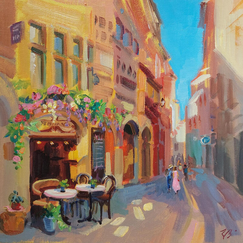 Peinture A Flower-Filled Corner in Lyon par Valeeva Katharina | Tableau Impressionnisme Paysages Urbain Architecture Huile