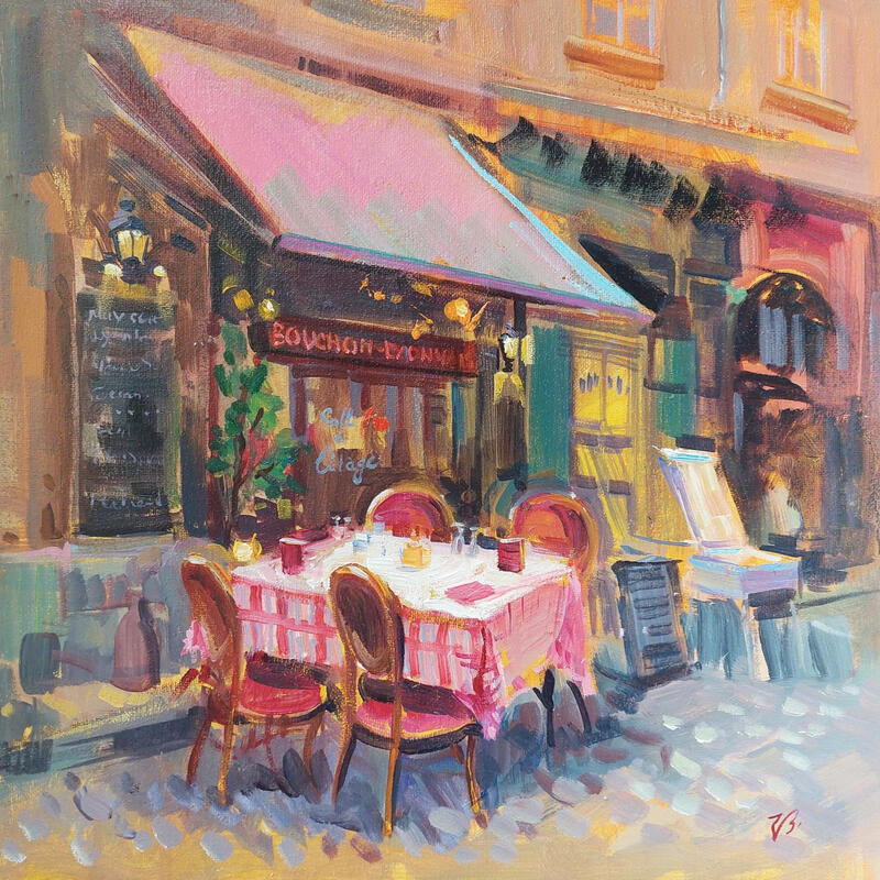Peinture A Cozy Café Terrace in Lyon par Valeeva Katharina | Tableau Impressionnisme Paysages Urbain Architecture Huile