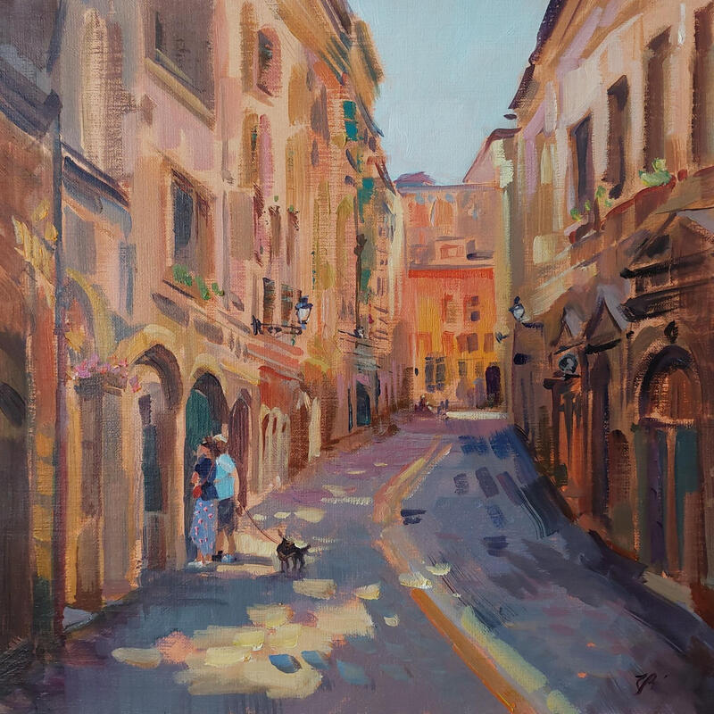 Peinture A Quiet Moment in Old Lyon par Valeeva Katharina | Tableau Impressionnisme Paysages Urbain Architecture Huile