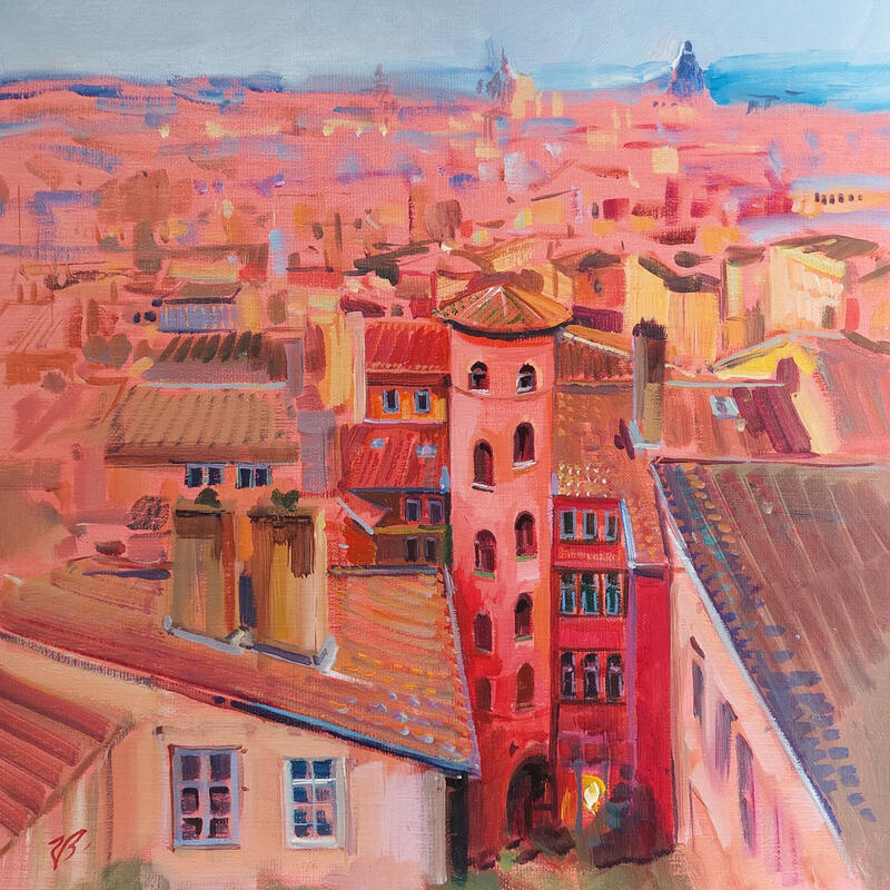 Peinture Rooftops in Terracotta par Valeeva Katharina | Tableau Impressionnisme Paysages Urbain Architecture Huile