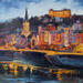 Peinture Lyon at Blue Hour par Valeeva Katharina | Tableau Impressionnisme Paysages Urbain Architecture Huile