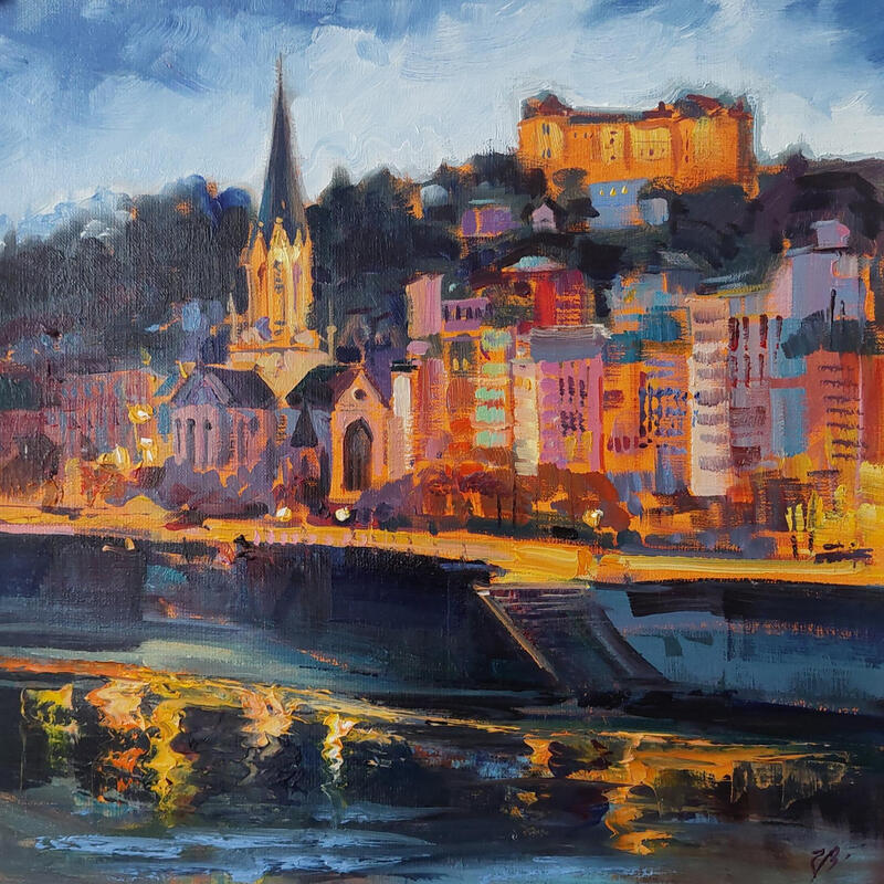 Peinture Lyon at Blue Hour par Valeeva Katharina | Tableau Impressionnisme Paysages Urbain Architecture Huile
