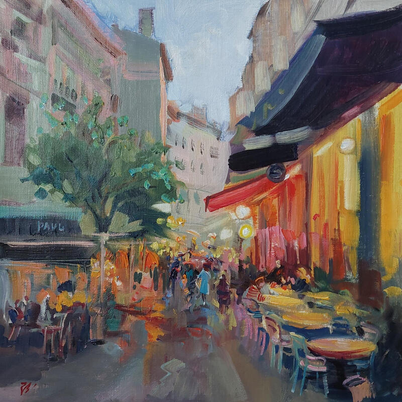 Peinture The Charm of Lyon’s Old Streets par Valeeva Katharina  | Tableau Impressionnisme Paysages Urbain Architecture Huile