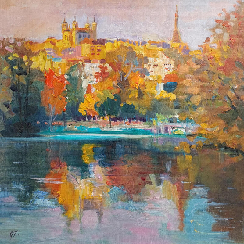 Peinture Autumn Reflections in Lyon par Valeeva Katharina | Tableau Impressionnisme Paysages Nature Architecture Huile