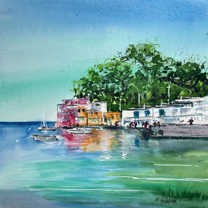 Peinture Anse Méjean colorée par Hoffmann Elisabeth | Tableau Figuratif Marine Aquarelle