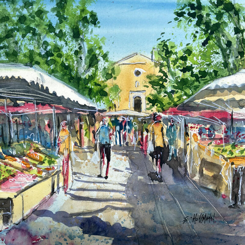 Peinture Toulon marché animé par Hoffmann Elisabeth | Tableau Figuratif Urbain Aquarelle