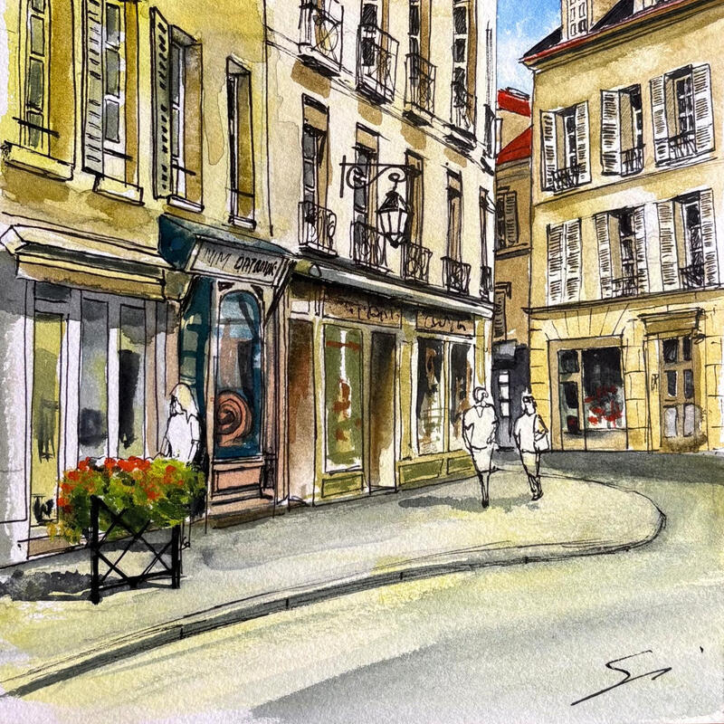 Painting SAINT-GERMAIN STREET by Mestres Sergi | Painting Figurative Architecture Watercolor Acrylic