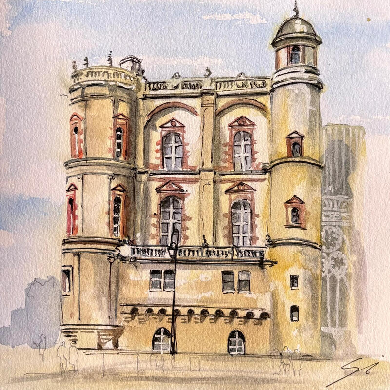 Painting CHÂTEAU by Mestres Sergi | Painting Figurative Architecture Watercolor Acrylic