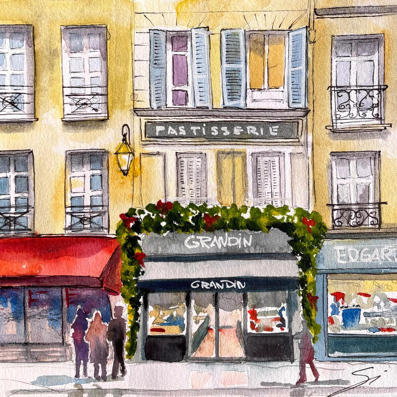 Painting PASTISSERIE by Mestres Sergi | Painting Figurative Architecture Watercolor Acrylic
