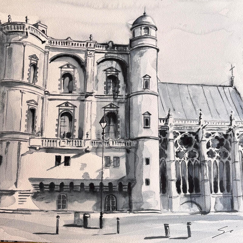 Painting CHÂTEAU VIEUX by Mestres Sergi | Painting Figurative Architecture Watercolor Acrylic
