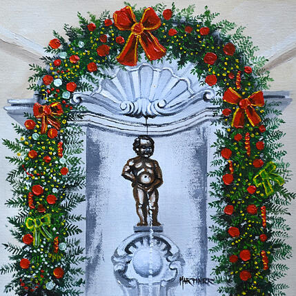 Painting Manneken Pis in Christmas by Rodriguez Rio Martin | Painting Figurative Oil Urban