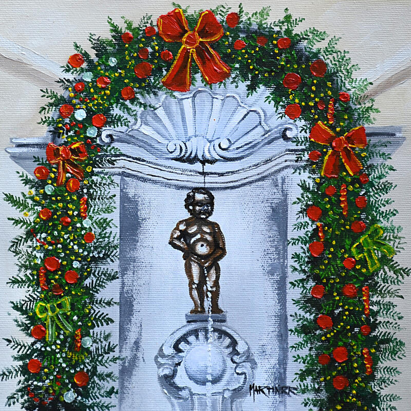 Painting Manneken Pis in Christmas by Rodriguez Rio Martin | Painting Figurative Urban Oil