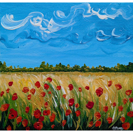 Peinture Coquelicots dans un champ de blé par Amblard Florence | Tableau Impressionnisme Acrylique Nature, Paysages