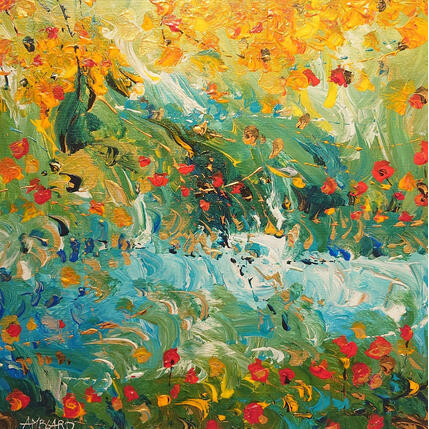 Gemälde Poppies by the blue stream von Amblard Florence | Gemälde Impressionismus Acryl Landschaften, Natur