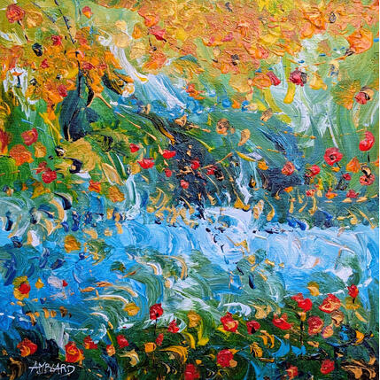 Painting Poppies by the blue stream by Amblard Florence | Painting Impressionism Acrylic Landscapes, Nature