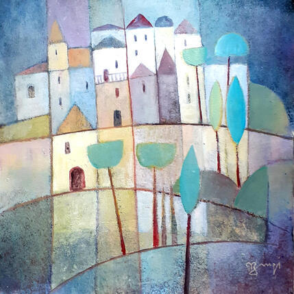 Painting AO81 VILLAGE AUX ARBRES BLEUS by Burgi Roger | Painting