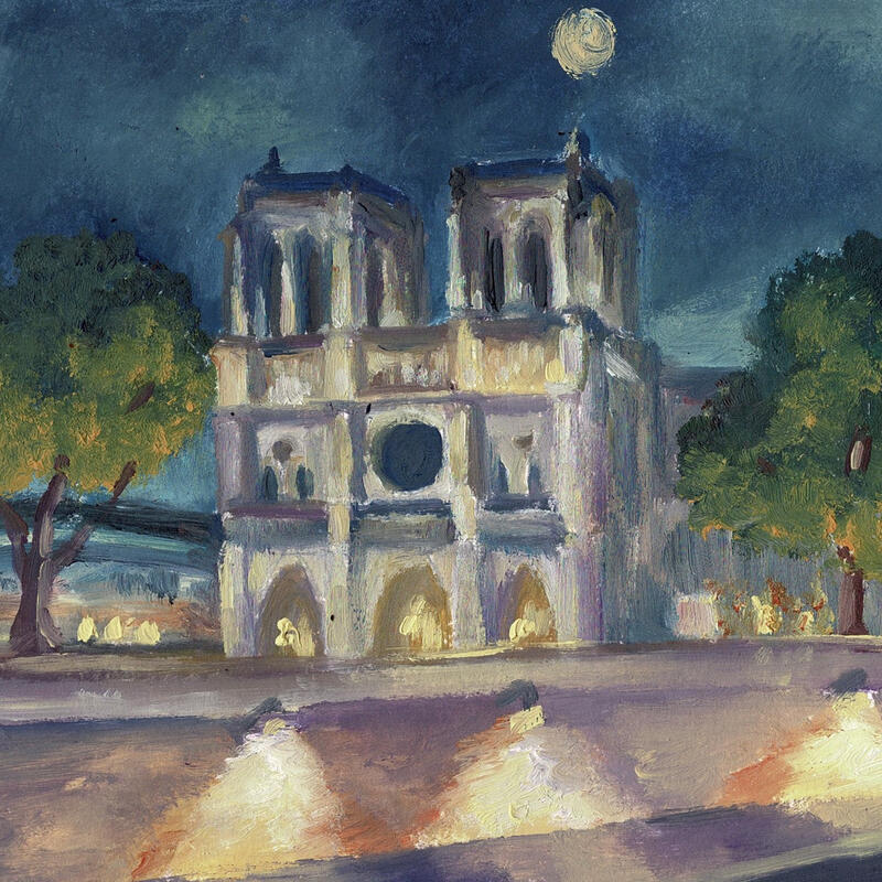 Painting Les lumières de Notre-Dame by Piffard Cédric | Painting Figurative Urban Life style Architecture Oil