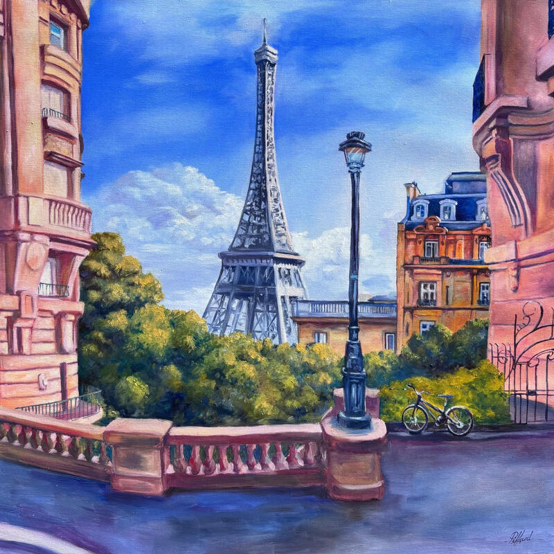 Painting La Tour au dessus des toits by Piffard Cédric | Painting Figurative Urban Life style Architecture Oil