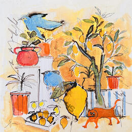 Painting Chat et oiseaux  by Colombo Cécile | Painting