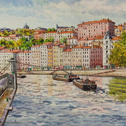Painting La Saône à Lyon by Decoudun Jean charles | Painting Figurative Watercolor Urban