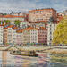 Gemälde Immeubles en bord de saône à Lyon von Decoudun Jean charles | Gemälde Figurativ Urban Aquarell