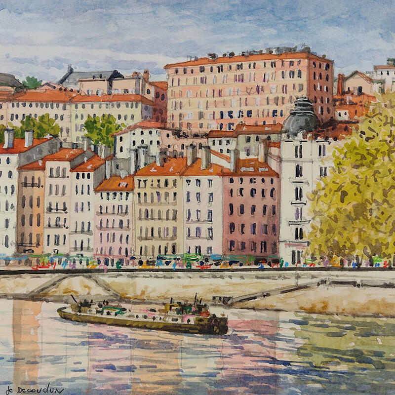 Gemälde Immeubles en bord de saône à Lyon von Decoudun Jean charles | Gemälde Figurativ Urban Aquarell