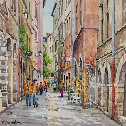 Painting Lyon la vieille ville by Decoudun Jean charles | Painting Figurative Watercolor Urban