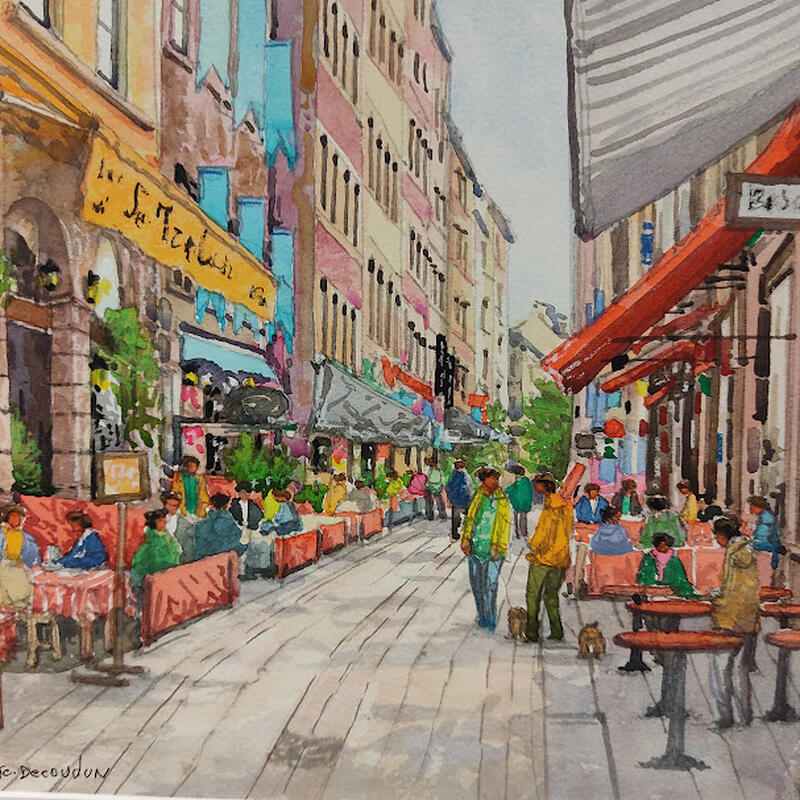 Peinture Lyon et ses bouchons par Decoudun Jean charles | Tableau Figuratif Urbain Aquarelle