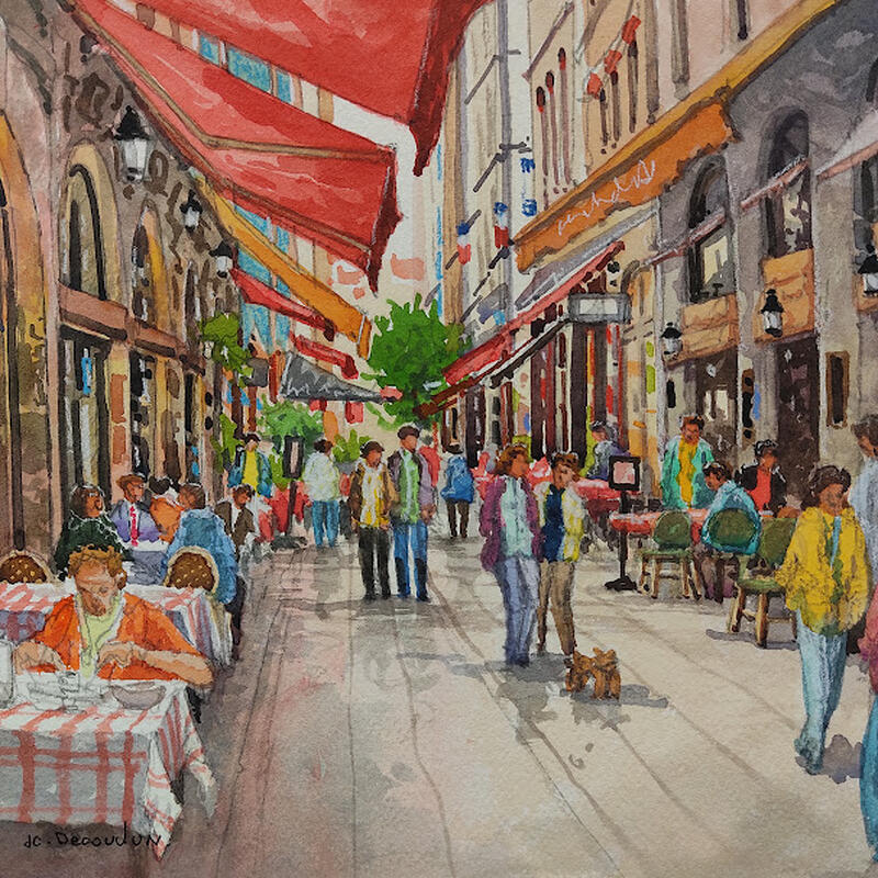 Gemälde Ruelles de Lyon von Decoudun Jean charles | Gemälde Figurativ Urban Aquarell