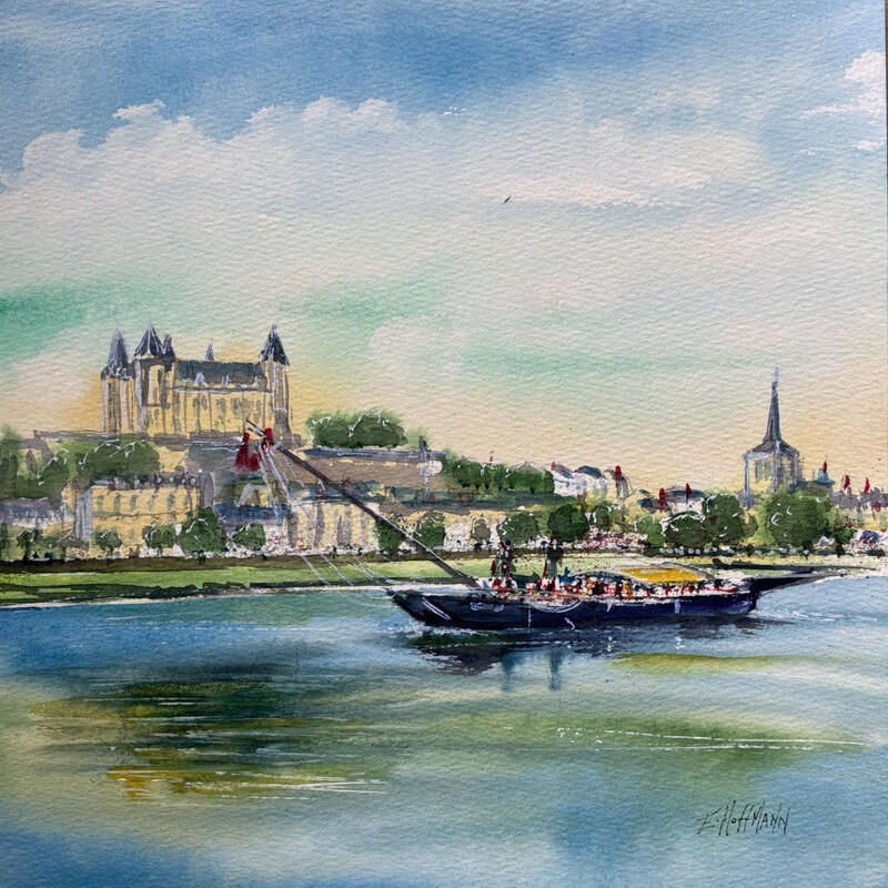 Painting Saumur, toué cabanée by Hoffmann Elisabeth | Painting Figurative Urban Watercolor