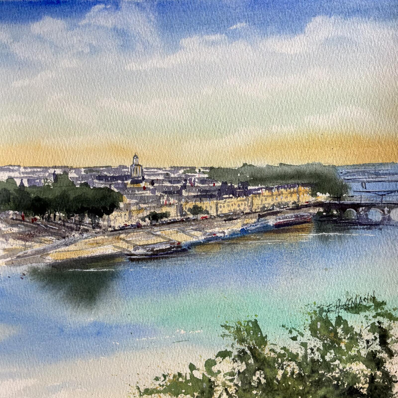 Painting Angers, La Maine et les quais by Hoffmann Elisabeth | Painting Figurative Urban Watercolor