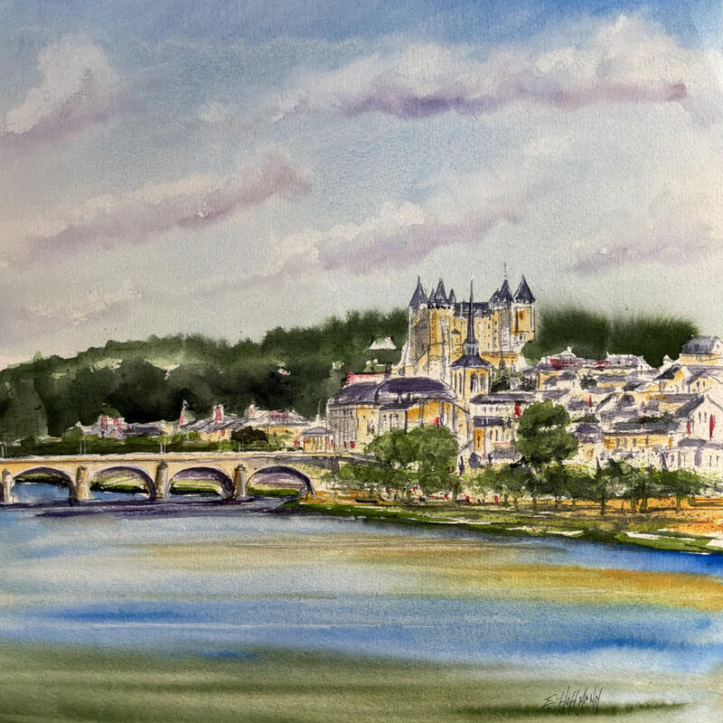 Painting Saumur, pont et château historique by Hoffmann Elisabeth | Painting Figurative Urban Watercolor