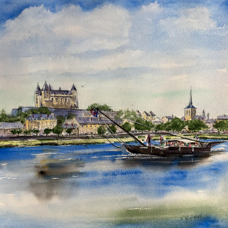 Painting Saumur, son château et sa toue cabanée by Hoffmann Elisabeth | Painting Figurative Urban Watercolor