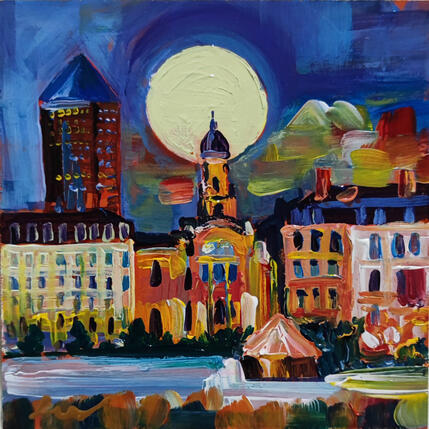 Painting Nocturne Lyonnais by Sheremet Ion | Painting Impressionism Acrylic Architecture, Life style, Urban