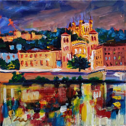 Painting Les Lumières de la Cathédrale by Sheremet Ion | Painting Impressionism Acrylic Architecture, Landscapes, Pop icons, Urban