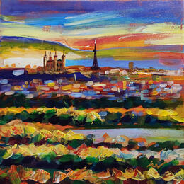 Painting Ciel Couchant sur Lyon by Sheremet Ion | Painting Impressionism Acrylic Animals, Landscapes, Urban
