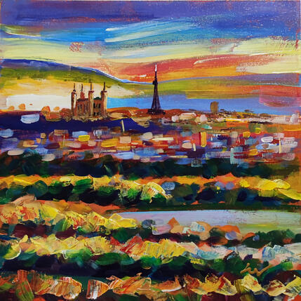 Peinture Ciel Couchant sur Lyon par Sheremet Ion | Tableau Impressionnisme Acrylique Animaux, Paysages, Urbain