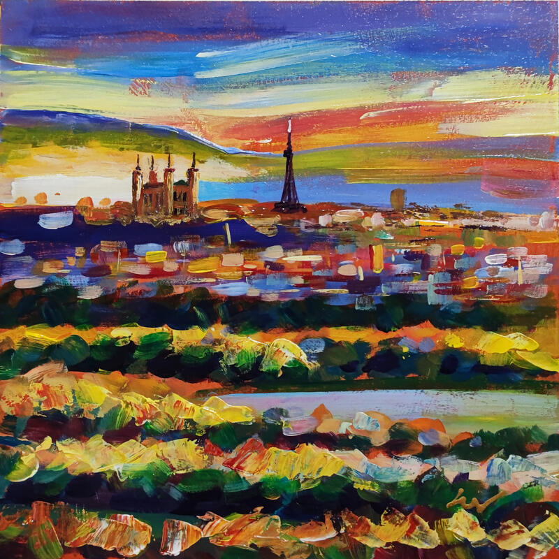 Peinture Ciel Couchant sur Lyon par Sheremet Ion | Tableau Impressionnisme Paysages Urbain Animaux Acrylique