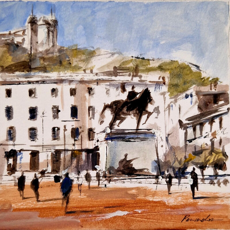 Painting perspective sur fourviere by Poumelin Richard | Painting Figurative Landscapes Oil