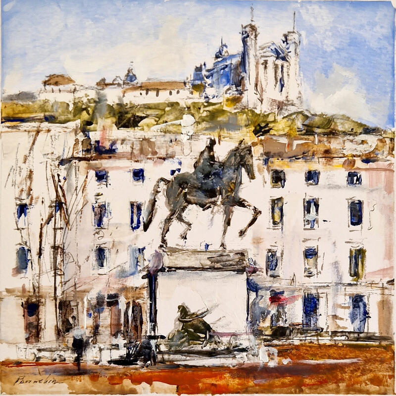 Painting facades bellecour by Poumelin Richard | Painting Figurative Landscapes Oil