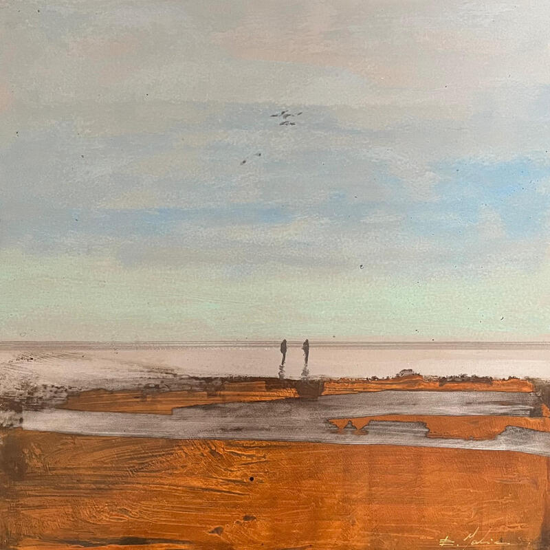 Painting Couple plage du Lido by Mahieu Bertrand | Painting Figurative Landscapes Metal