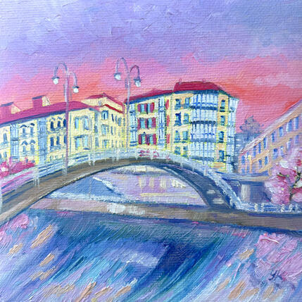 Painting Un soir rose à Bilbao by Kochevykh Yulia | Painting Figurative Oil Architecture, Landscapes, Urban