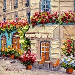 Painting Parisian Flower Café by Pigni Diana | Painting Impressionism Oil Architecture, Landscapes, Urban