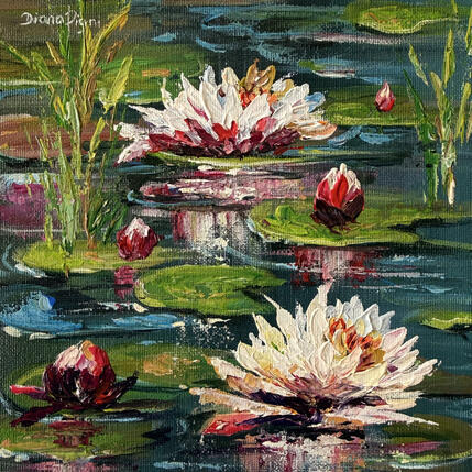 Peinture Tranquil Water Lilies par Pigni Diana | Tableau Impressionnisme Acrylique Nature, Natures mortes, Paysages