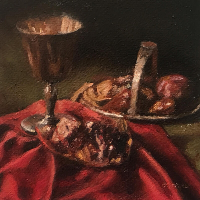 Painting Grenade, pêche et biscuits by Sellier Octavia | Painting Figurative Still-life Oil