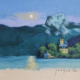 Peinture Veille sur le lac par Pasquale | Tableau Figuratif Acrylique Architecture, Nature, Paysages