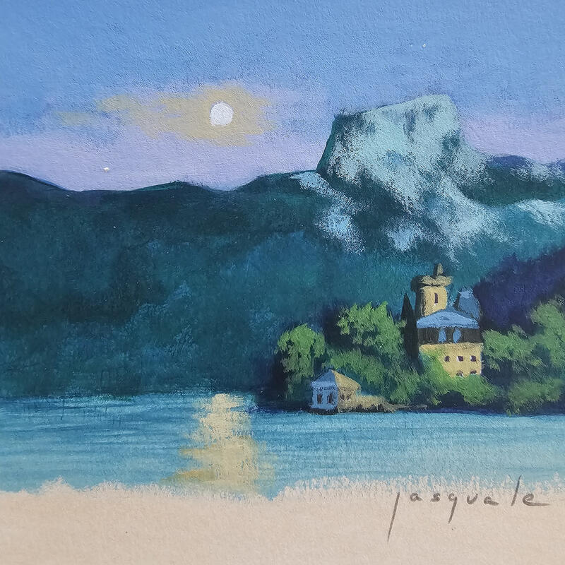 Painting Veille sur le lac by Pasquale | Painting Figurative Landscapes Nature Architecture Acrylic