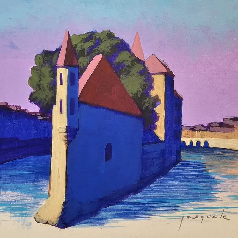 Painting Une histoire au fil de l'eau by Pasquale | Painting Figurative Landscapes Nature Architecture Acrylic
